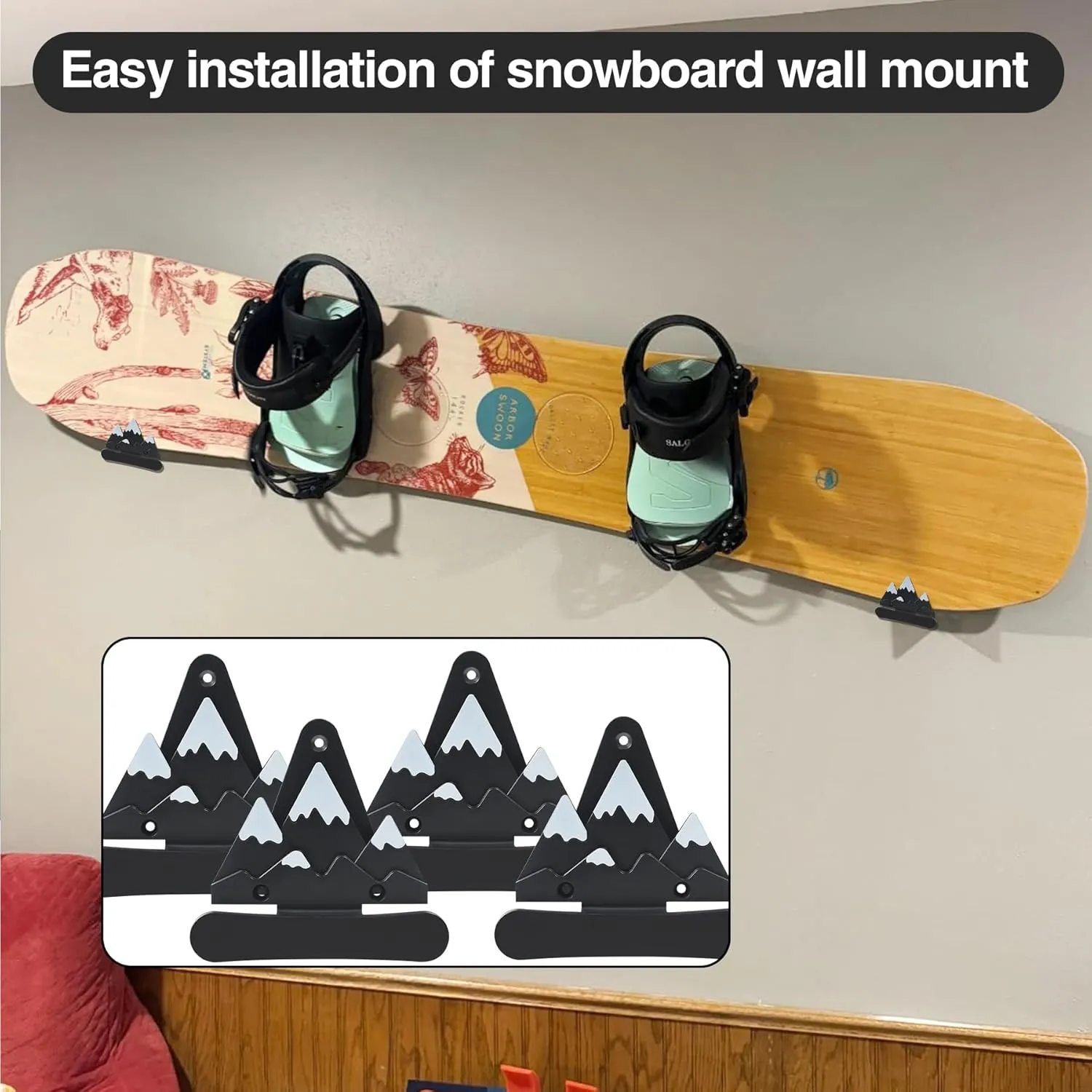 2pcs Snowboard Wall Mount with Hooks, Snowboard Skateboard Hanging Wall Rack, Garage Storage Brackets, Snowboard Display Stand, Wall Art (BlackWhite)