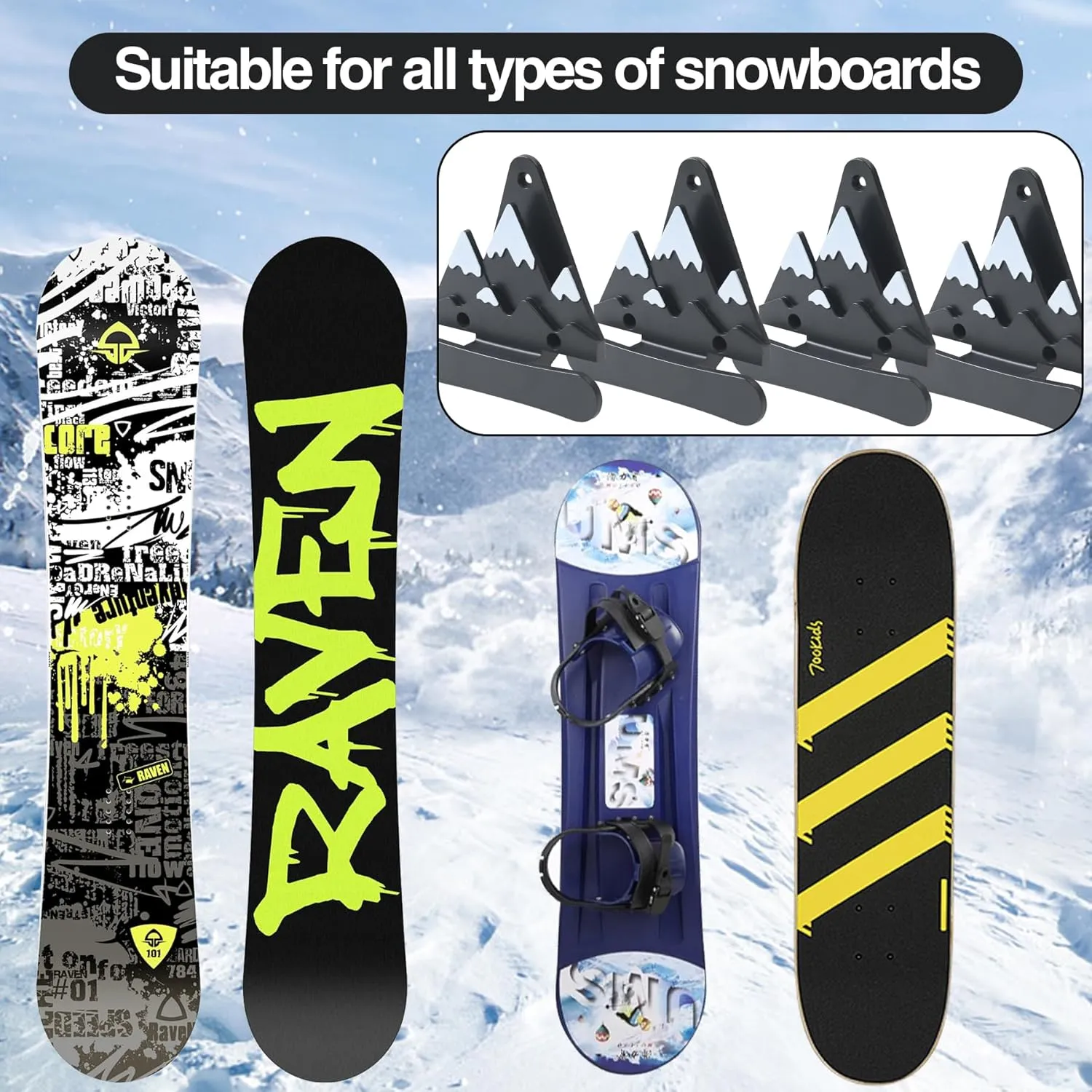 2pcs Snowboard Wall Mount with Hooks, Snowboard Skateboard Hanging Wall Rack, Garage Storage Brackets, Snowboard Display Stand, Wall Art (BlackWhite)