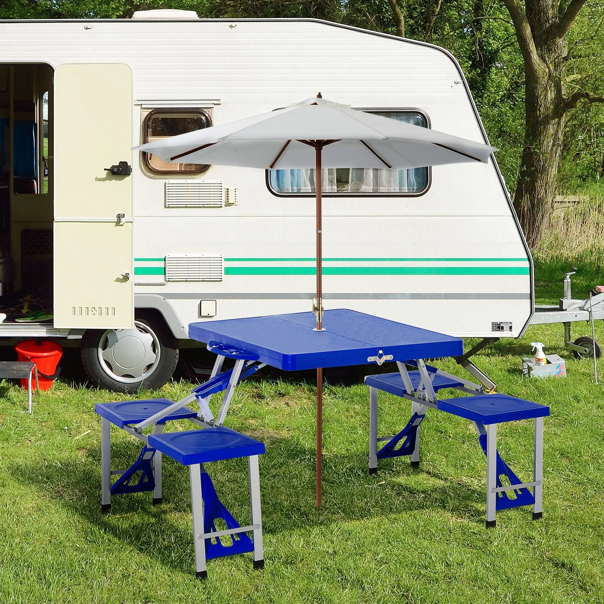4 Seater Aluminum Portable Picnic Table with Foldable Seat Blue