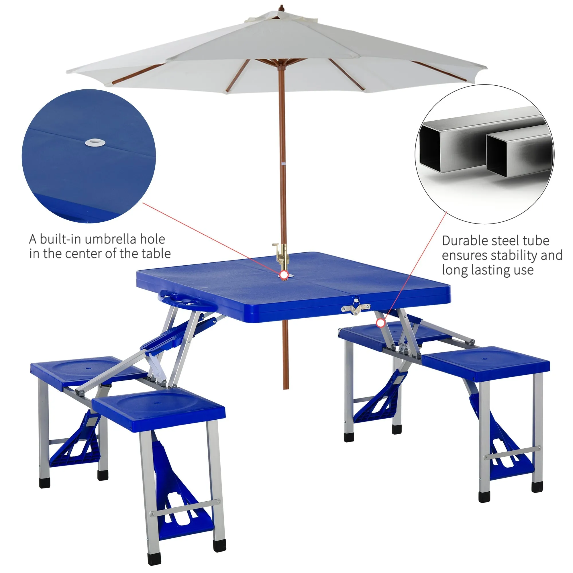 4 Seater Aluminum Portable Picnic Table with Foldable Seat Blue