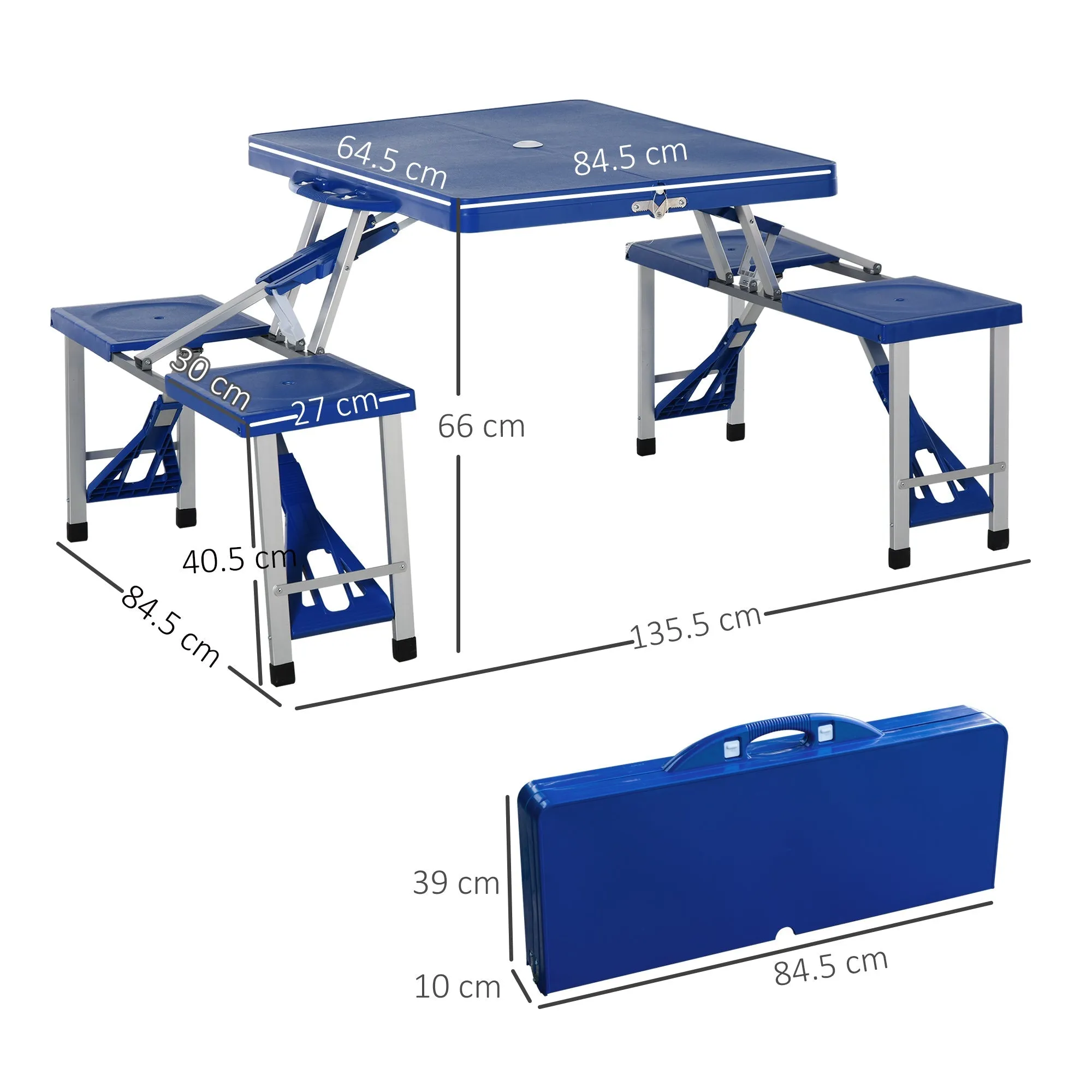 4 Seater Aluminum Portable Picnic Table with Foldable Seat Blue