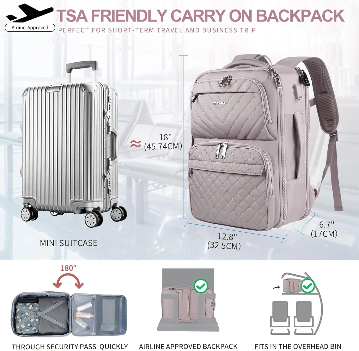 EMPSIGN Travel Backpack for Women, Large Carry On Backpack Airline Approved Personal Item, 17 inch TSA Friendly Laptop Backpack with USB Port, Casual Daypack for Weekender Business Hiking, Grey Pink