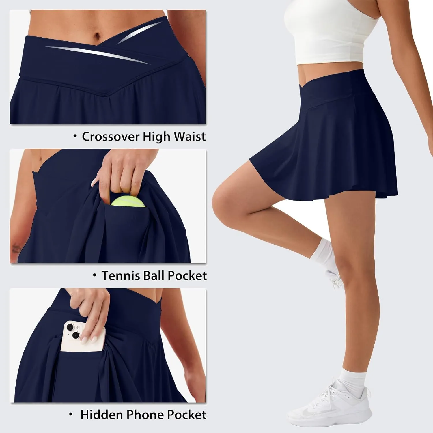 FireSwan Tennis Skirt for Women with Pockets Shorts Crossover High Waisted Pleated Golf Skorts Athletic Workout Skirts