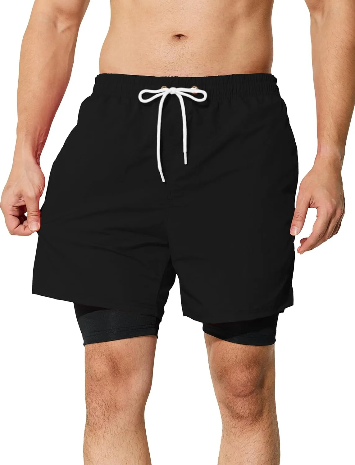 Mens Swim Trunks with Compression Liner 5 inch Inseam Quick Dry Bathing Suit 2 in 1 Board Shorts