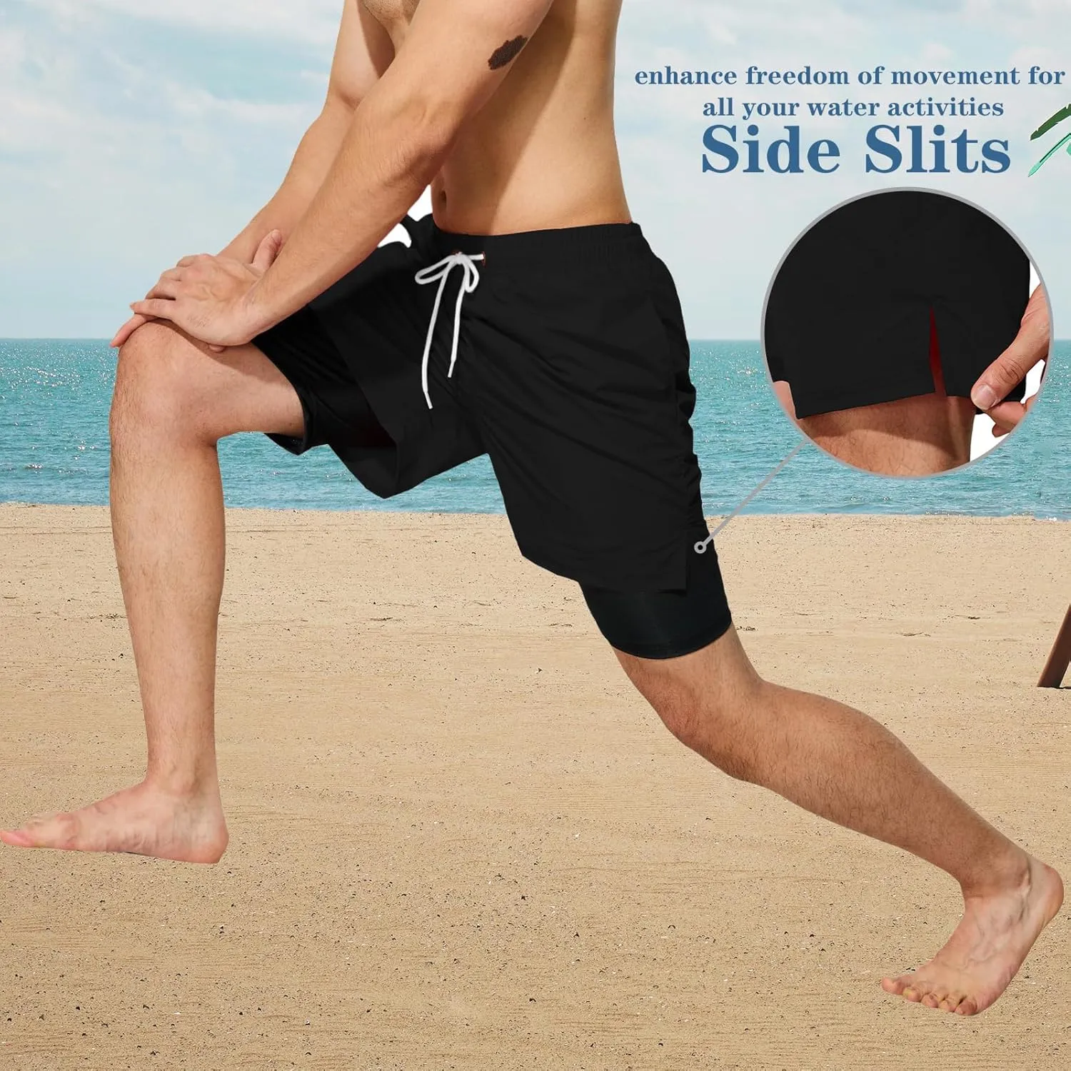 Mens Swim Trunks with Compression Liner 5 inch Inseam Quick Dry Bathing Suit 2 in 1 Board Shorts