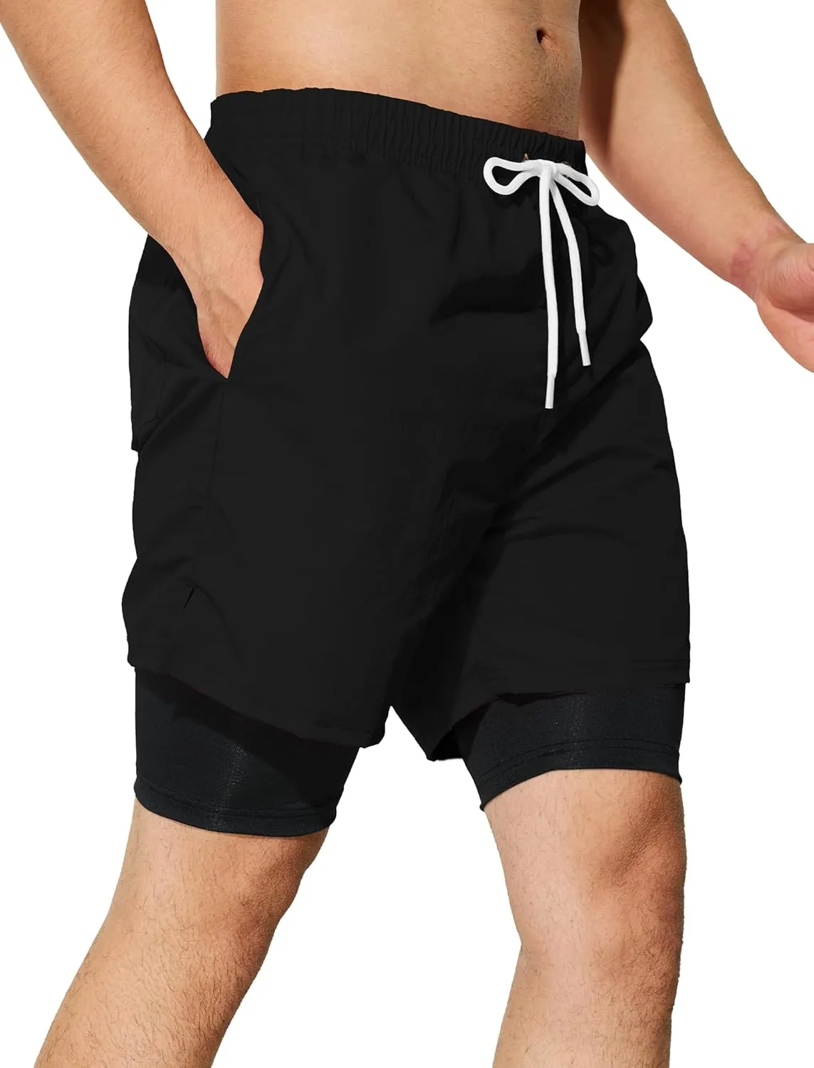 Mens Swim Trunks with Compression Liner 5 inch Inseam Quick Dry Bathing Suit 2 in 1 Board Shorts