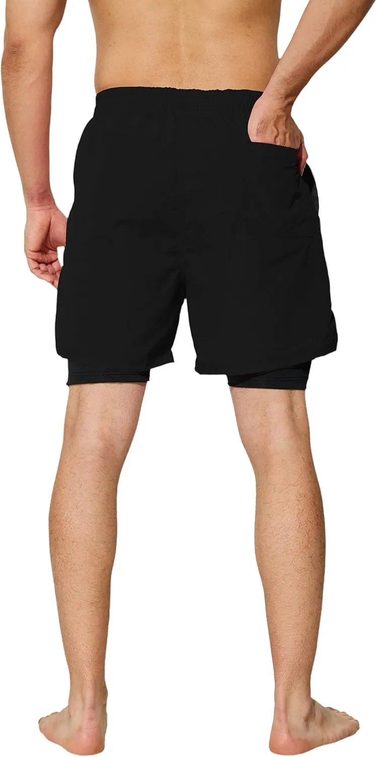 Mens Swim Trunks with Compression Liner 5 inch Inseam Quick Dry Bathing Suit 2 in 1 Board Shorts