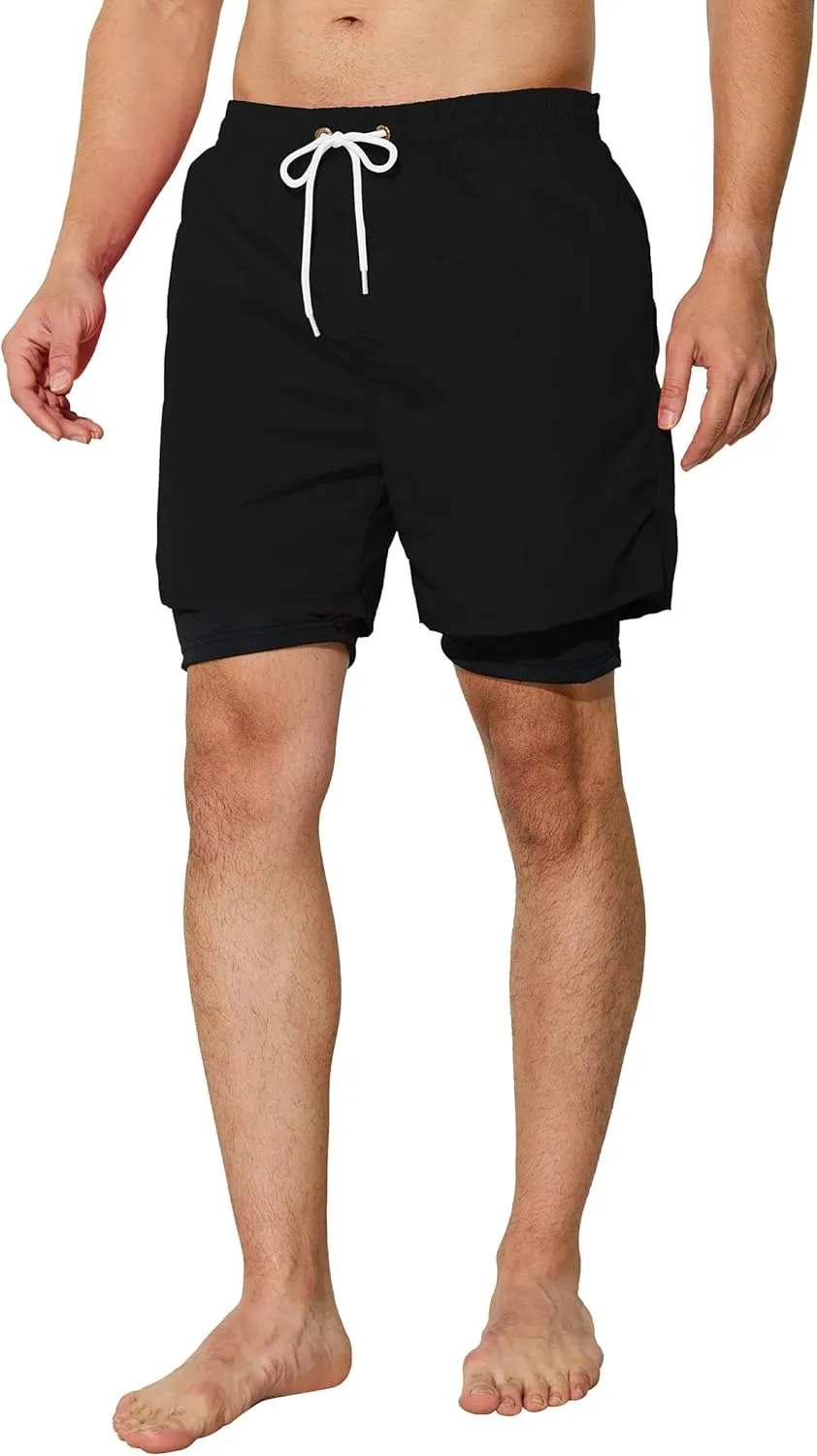 Mens Swim Trunks with Compression Liner 5 inch Inseam Quick Dry Bathing Suit 2 in 1 Board Shorts