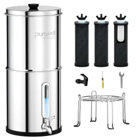 Purewell 2.25G Gravity-fed Water Filter System with 3 Filters, 3-Stage Ultra-Filtration Stainless Steel Countertop System with Water Level Window, Reduce 99% Chlorine, 9,000G Filter Capacity, PW-KS-3C