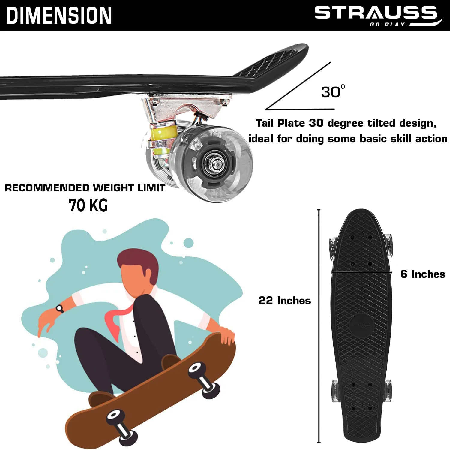 STRAUSS Cruiser Skateboard| Penny Skateboard | Casterboard | Hoverboard | Anti-Skid Board with ABEC-7 High Precision Bearings | PU Wheel with Light |Ideal for All Skill Level (31 X 8 Inch), (Blue)