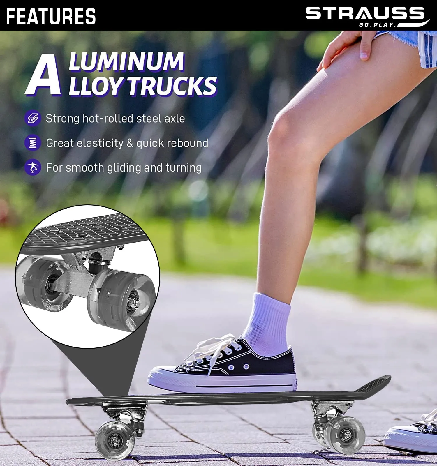 STRAUSS Cruiser Skateboard| Penny Skateboard | Casterboard | Hoverboard | Anti-Skid Board with ABEC-7 High Precision Bearings | PU Wheel with Light |Ideal for All Skill Level (31 X 8 Inch), (Blue)