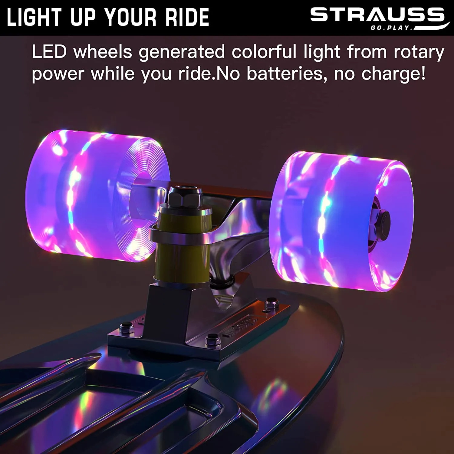 STRAUSS Cruiser Skateboard| Penny Skateboard | Casterboard | Hoverboard | Anti-Skid Board with ABEC-7 High Precision Bearings | PU Wheel with Light |Ideal for All Skill Level (31 X 8 Inch), (Blue)