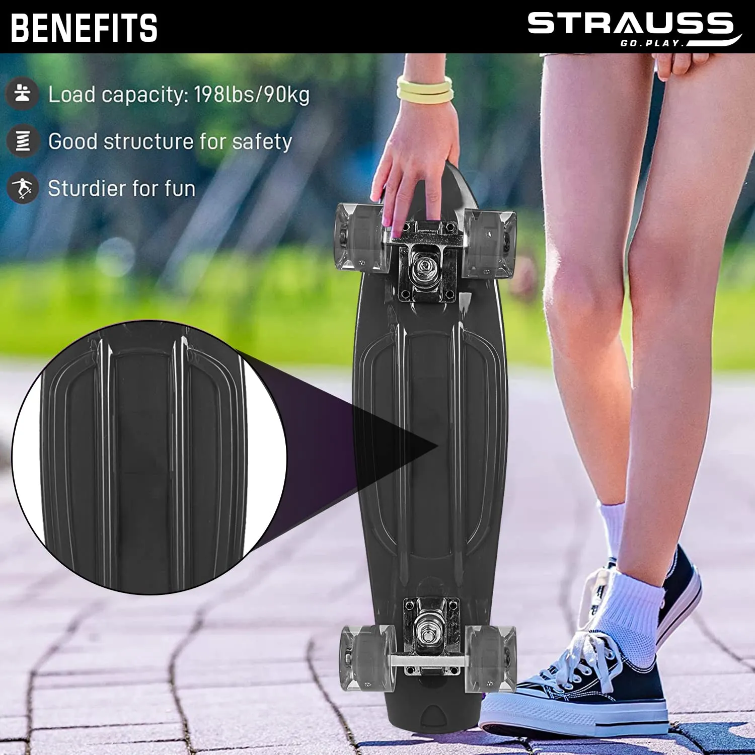 STRAUSS Cruiser Skateboard| Penny Skateboard | Casterboard | Hoverboard | Anti-Skid Board with ABEC-7 High Precision Bearings | PU Wheel with Light |Ideal for All Skill Level (31 X 8 Inch), (Blue)