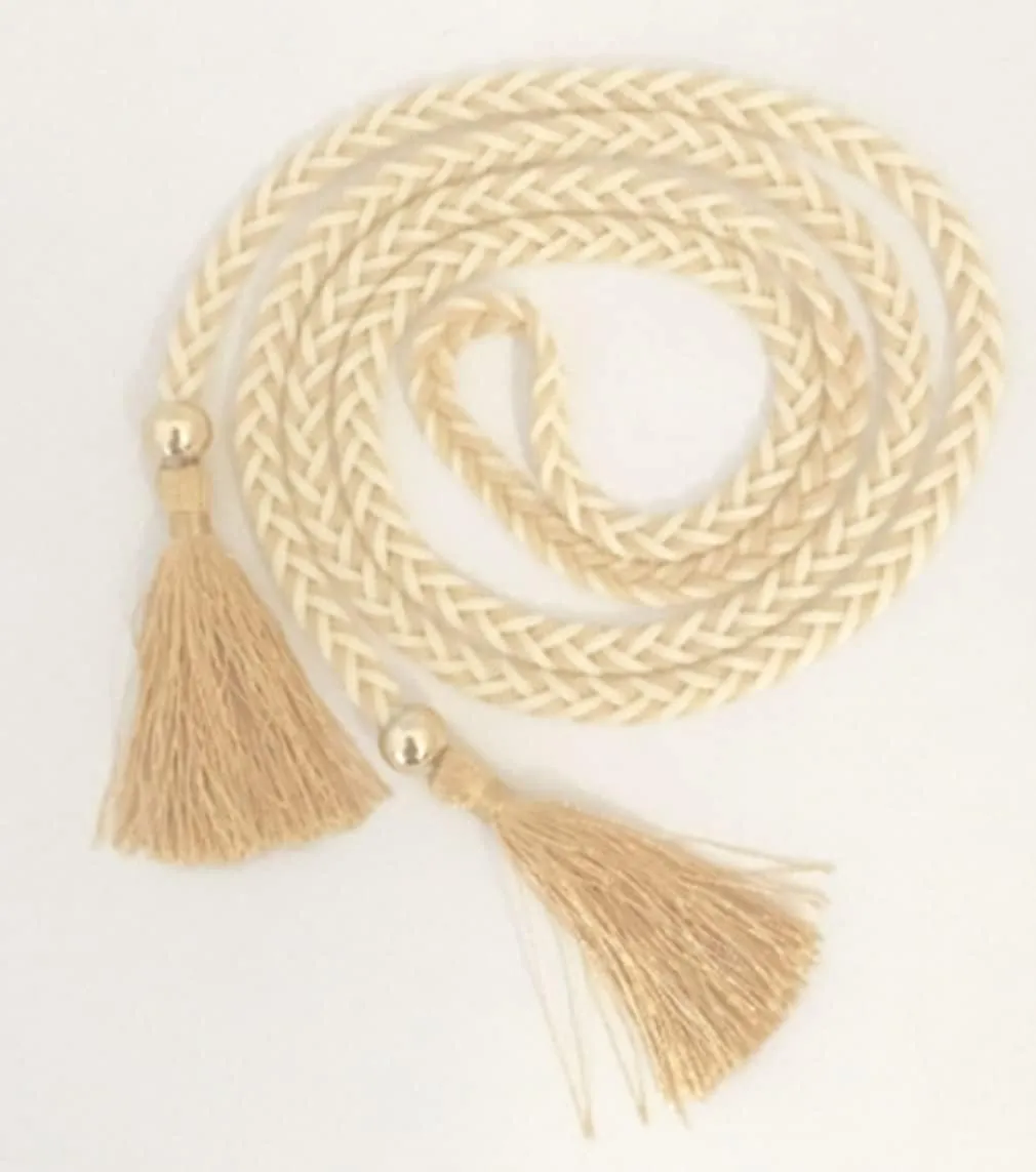 Women Girls Braided Knotted Waist Belt Skinny Mixed Color Rope Exotic Chain Tassel for Dress Skirt
