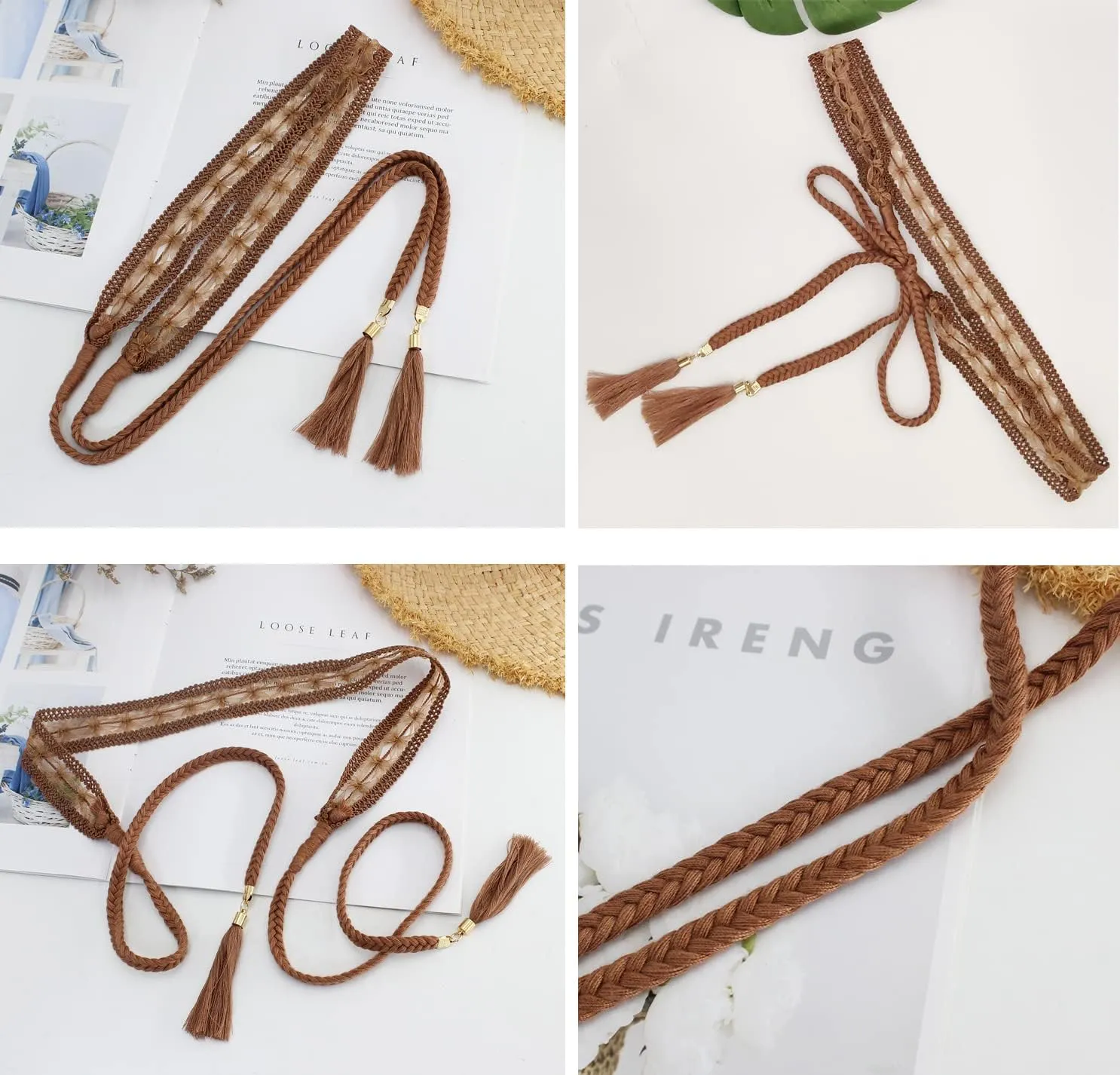 Women Girls Braided Knotted Waist Belt Skinny Mixed Color Rope Exotic Chain Tassel for Dress Skirt