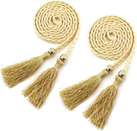 Women Girls Braided Knotted Waist Belt Skinny Mixed Color Rope Exotic Chain Tassel for Dress Skirt