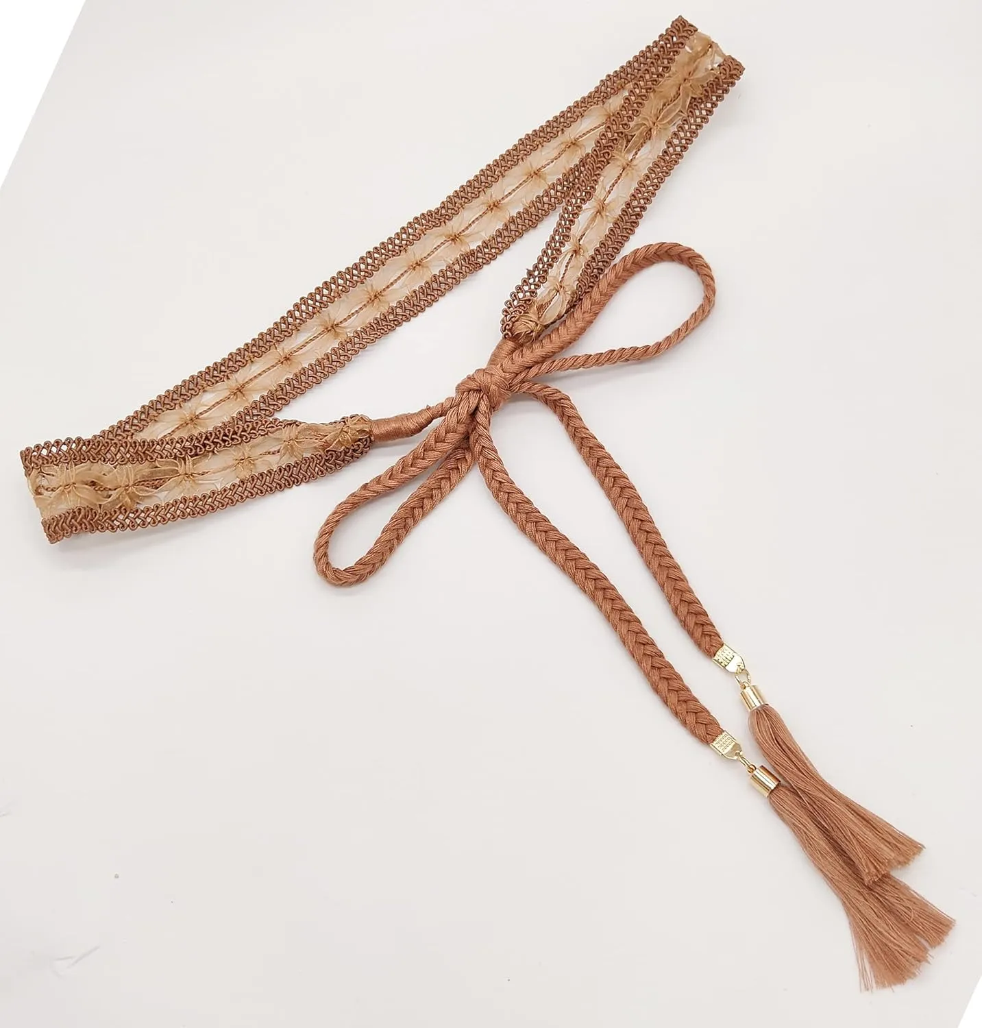 Women Girls Braided Knotted Waist Belt Skinny Mixed Color Rope Exotic Chain Tassel for Dress Skirt