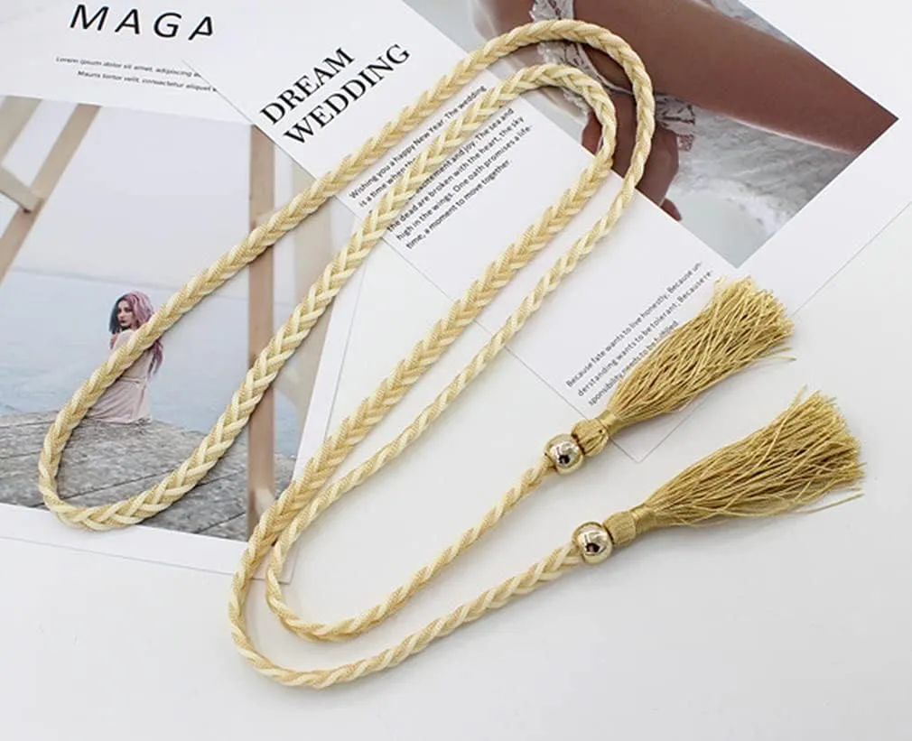 Women Girls Braided Knotted Waist Belt Skinny Mixed Color Rope Exotic Chain Tassel for Dress Skirt