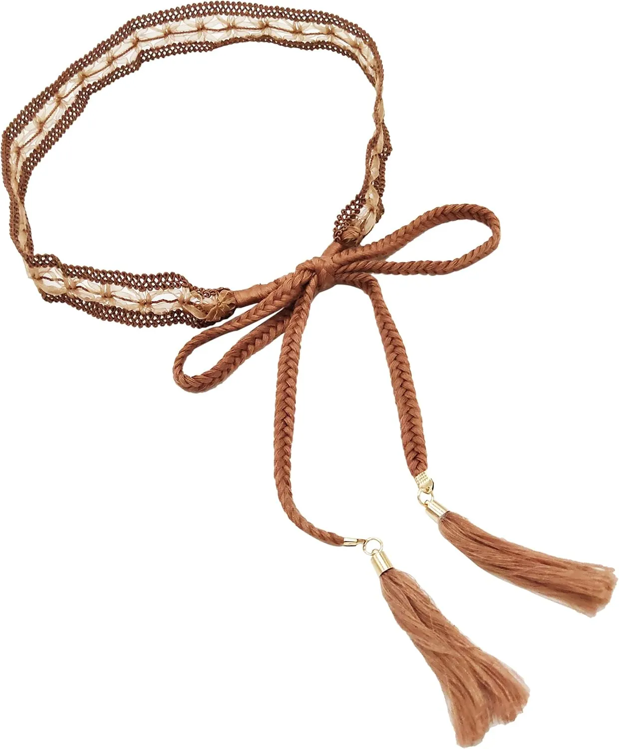 Women Girls Braided Knotted Waist Belt Skinny Mixed Color Rope Exotic Chain Tassel for Dress Skirt
