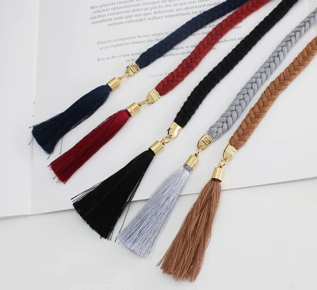 Women Girls Braided Knotted Waist Belt Skinny Mixed Color Rope Exotic Chain Tassel for Dress Skirt