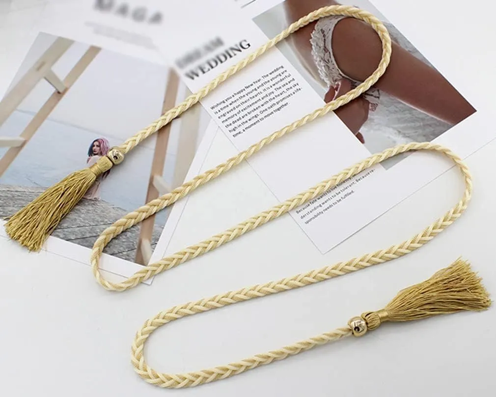 Women Girls Braided Knotted Waist Belt Skinny Mixed Color Rope Exotic Chain Tassel for Dress Skirt