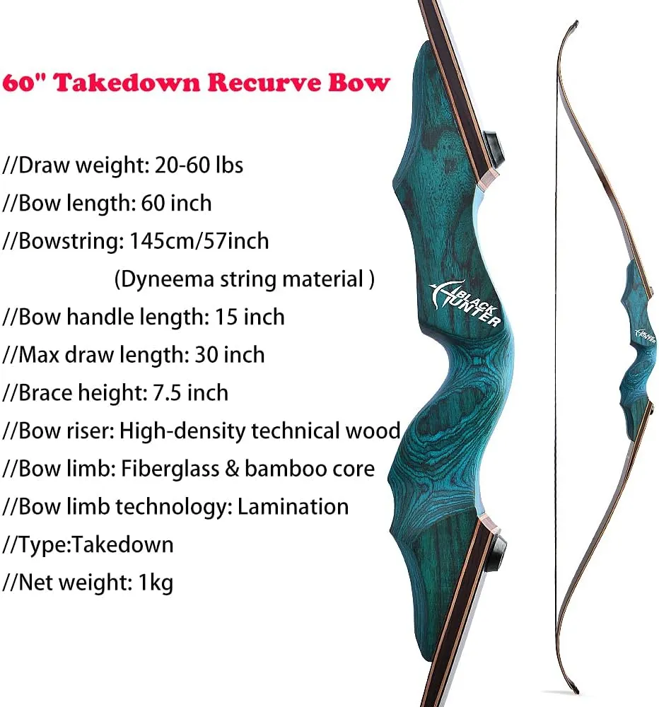 ZSHJGJR 60 Black Hunter Original Recurve Bow for Adults American Hunting Longbow Archery Bow 20-60lbs Right Handed for Archery Hunting Shooting Practice